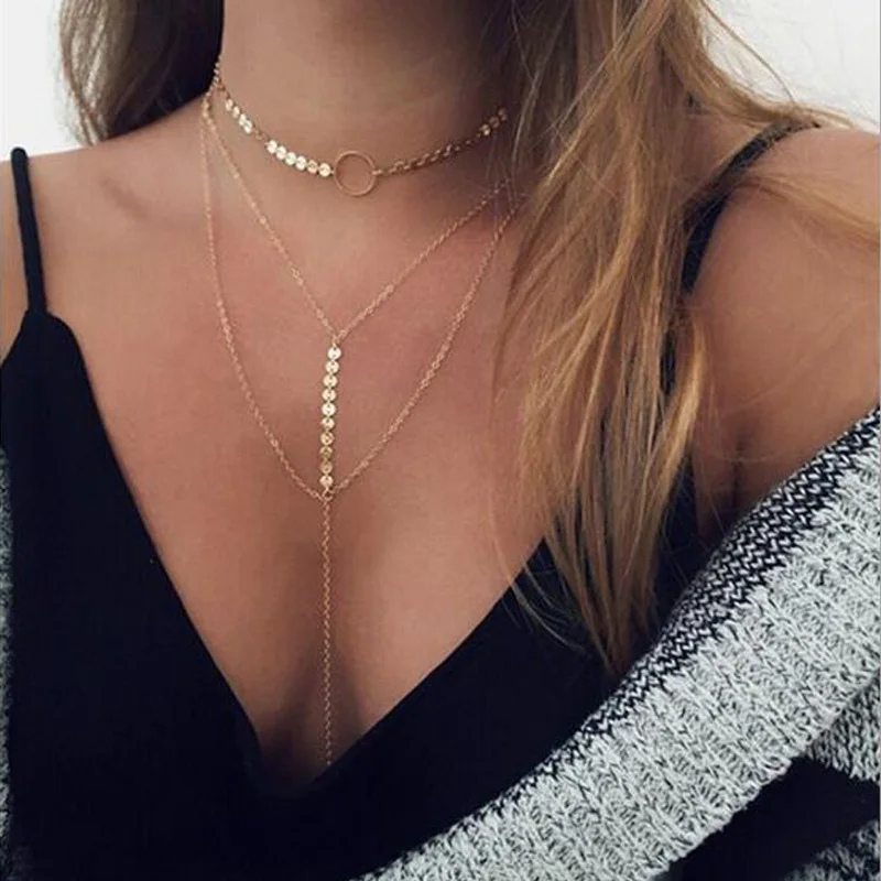 

YWMT 2018 Wholesale Fashionable Multilayer Paillette Choker Necklace Women Boho Necklace Jewelry, Gold/silver