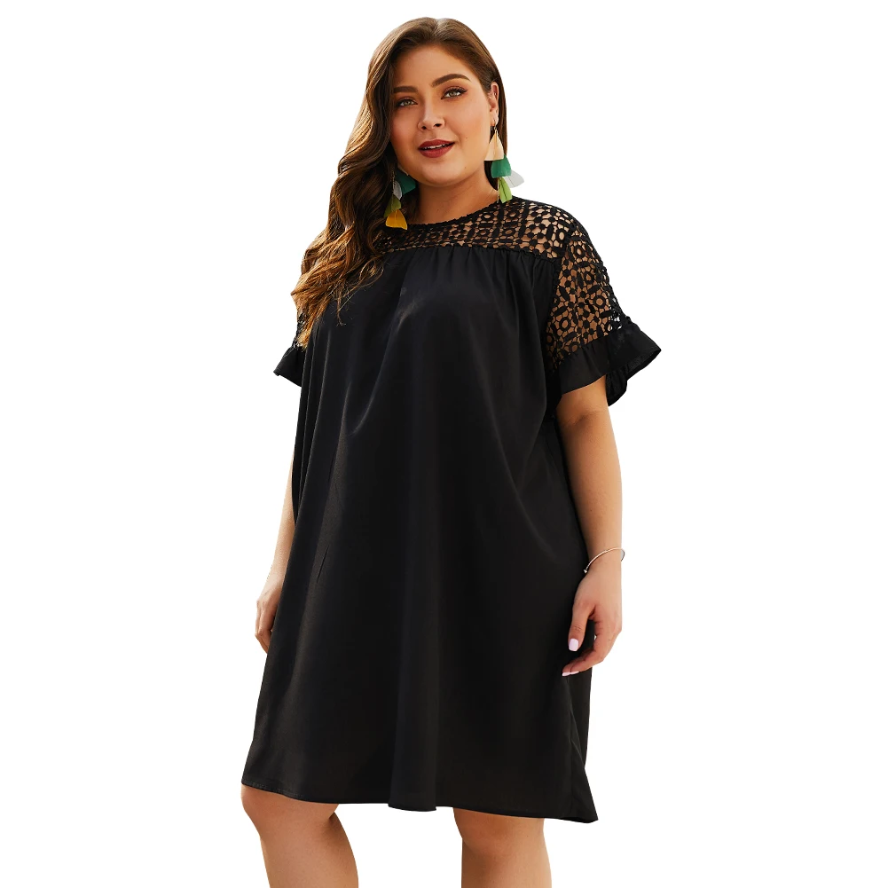 N23011A Lace crew neck solid color short sleeve dress mexican dress plus dress for women, As shown
N23011A Lace crew neck solid color short sleeve dress mexican dress plus dress for women, As shown