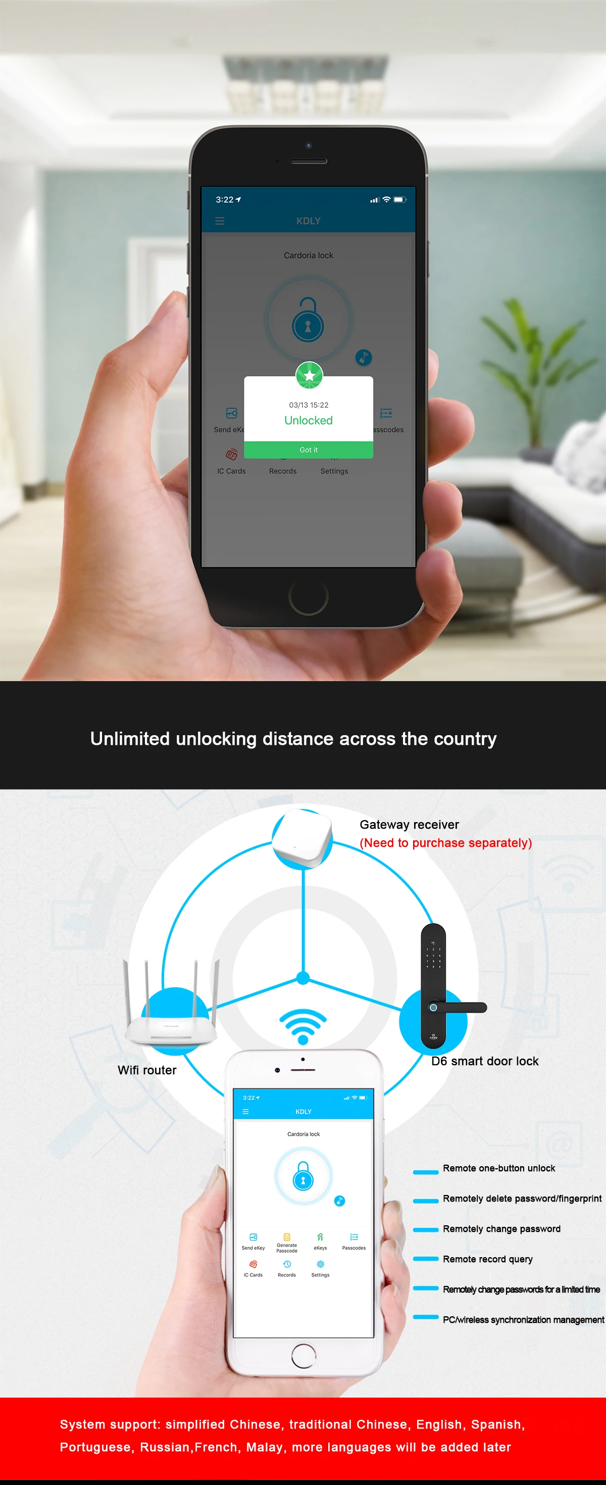 Smart phone lock app control bluetooths fingerprint password door lock support Android and IOS phone system