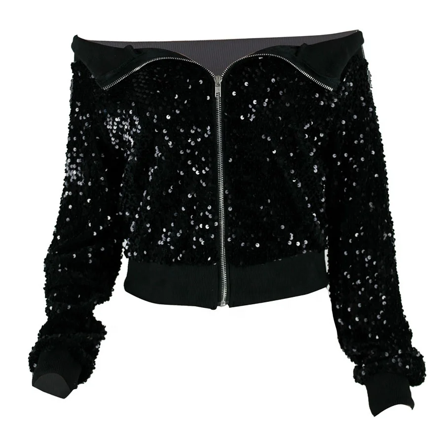 Wholesale Blouse Off Shoulder Zipper Sequin Glitter Women Jacket, As picture 
Wholesale Blouse Off Shoulder Zipper Sequin Glitter Women Jacket, As picture
