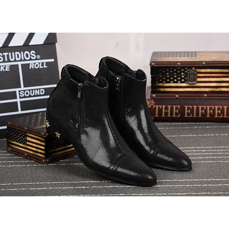 

NA021 2021 New Fashion Rivets Men Shoes Snow Ankle Boots Pointed Toe Leather Wedding Shoes Men Flats Side Zip Military Boots, As the picture