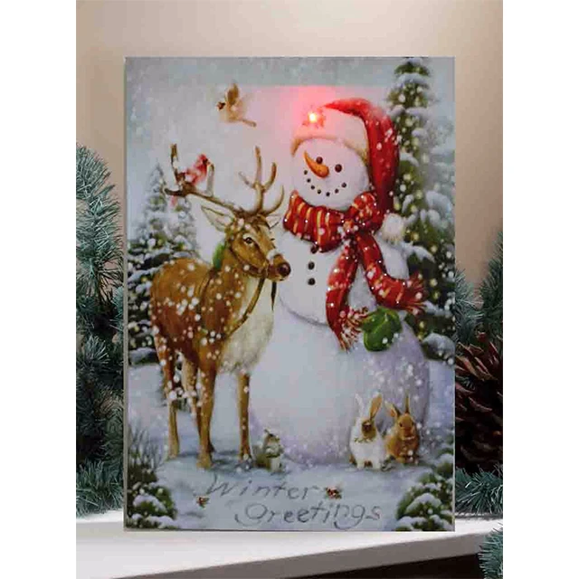 Pintura sobre tela Navidad con luces LED hombre de nieve con ciervos foto pared arte para salón decorativo barato giclee impresión