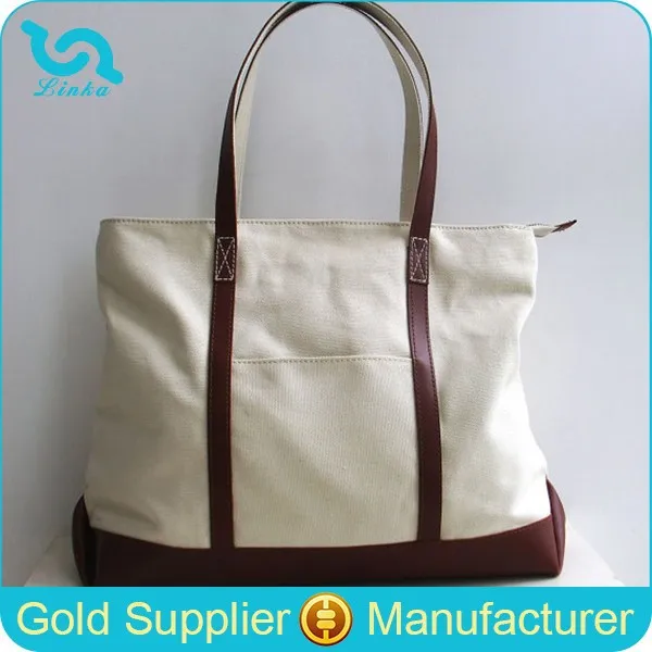 Quality Plain White Canvas Tote Bag Blank Tote Bag With Genuine Leather Handles - Buy Blank Tote ...