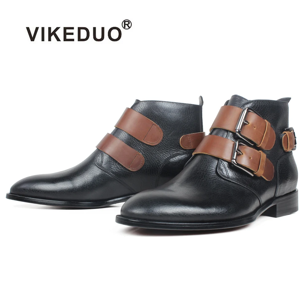 

VIKEDUO Hand Made China Buckle Strap Genuine Calfskin Black Custom Casual Leather Shoes Fashion Boots Men