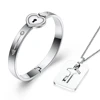 Silver Stainless Steel Love Heart Lock Bangles Key Pendant Necklace Couples Jewelry Set