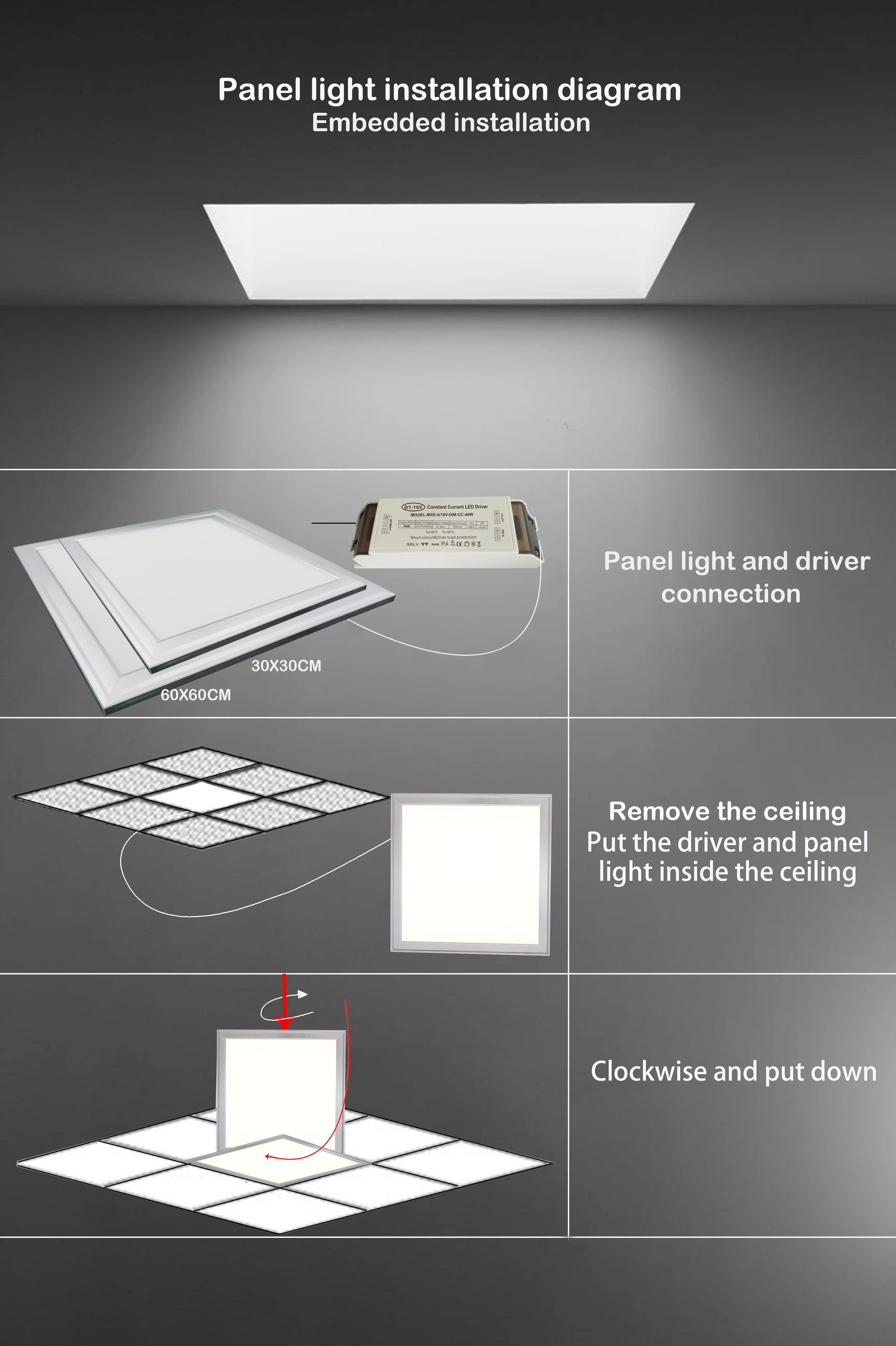 Brightness adjustable 20w more 30w 40w 48w cct led panel light 0-10v small LED Panel Driver indoor office no fliacker free