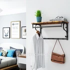 Coat rack wall mounted shelf with storage,decorative metal bathroom kitchen home design floating wood wall shelf with hooks