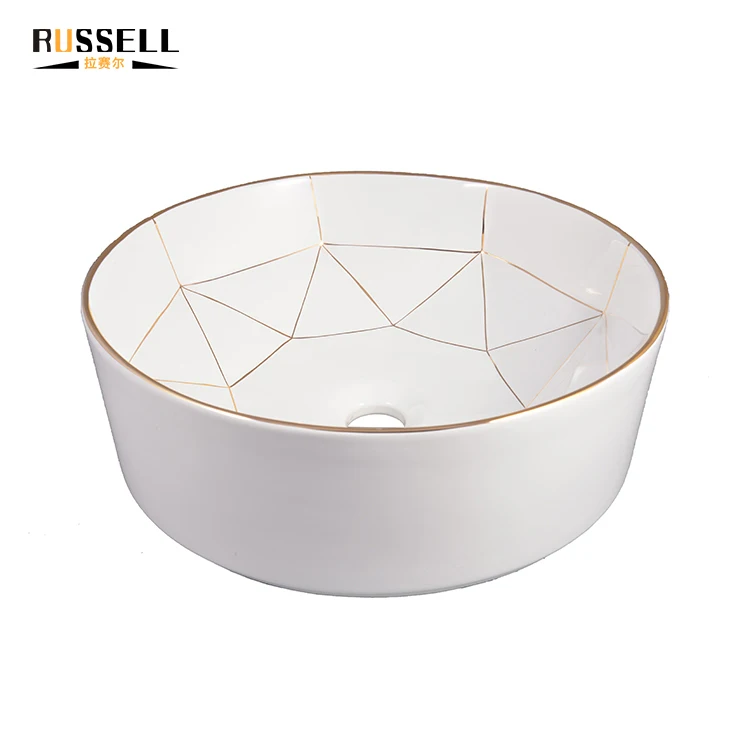 Chinese table top gold ceramic round shape wash vanity wash basin