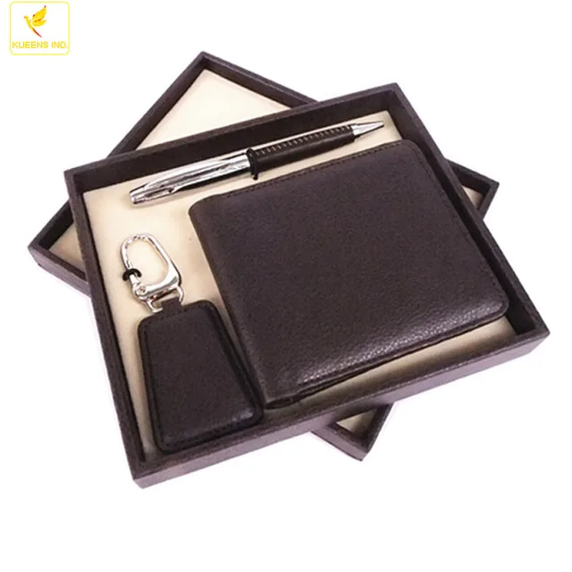 ball pen with leather keychain and wallet perfume vip gift set