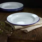 Antique Vintage White Enamel Metal Tray Dinner Dish Plates With Customized Rim
