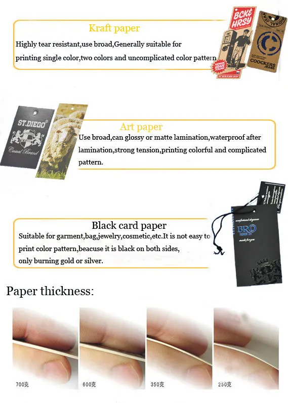 Custom printed black paper cardboard  clothing hang tag, China fancy garment hangtag for jeans