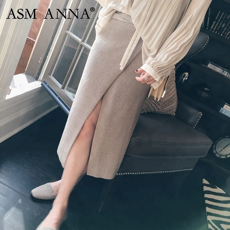 

ASM ANNA 2019 new autumn women clothing 3D knitted texture high slit slimming middle skirt