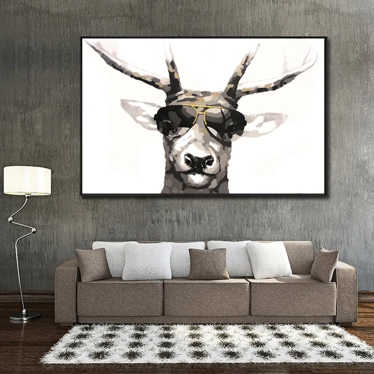 简单的手绘抽象动物鹿头脸图片帆布油画墙壁艺术为孩子们的房间装饰