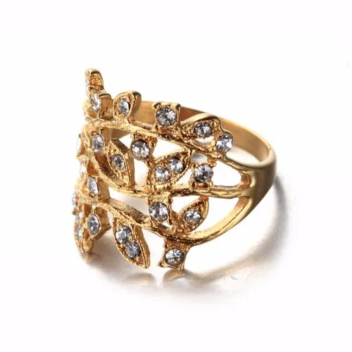 18k Gold-Plated Creative Fashion Personality Twisted Rope Modeling Diamond Luxury Zircon Leaves Crown Ring Size 7