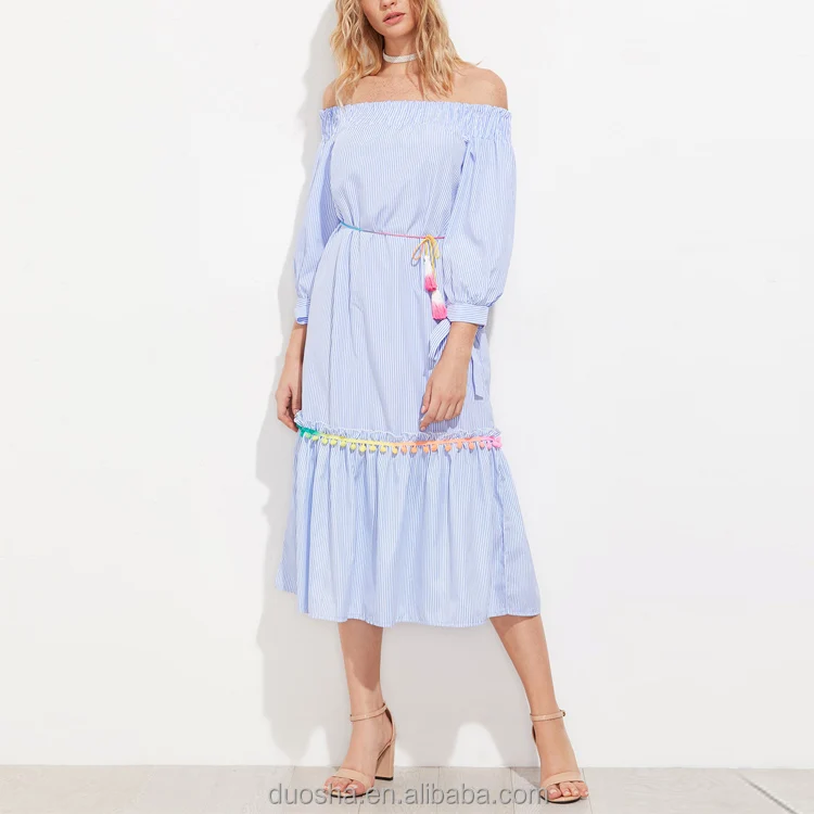 New Ladies Fashion Dress 2017 Women Sexy Clothes Design Blue And White Striped Billow Sleeve Belted Cotton Dress with tassel