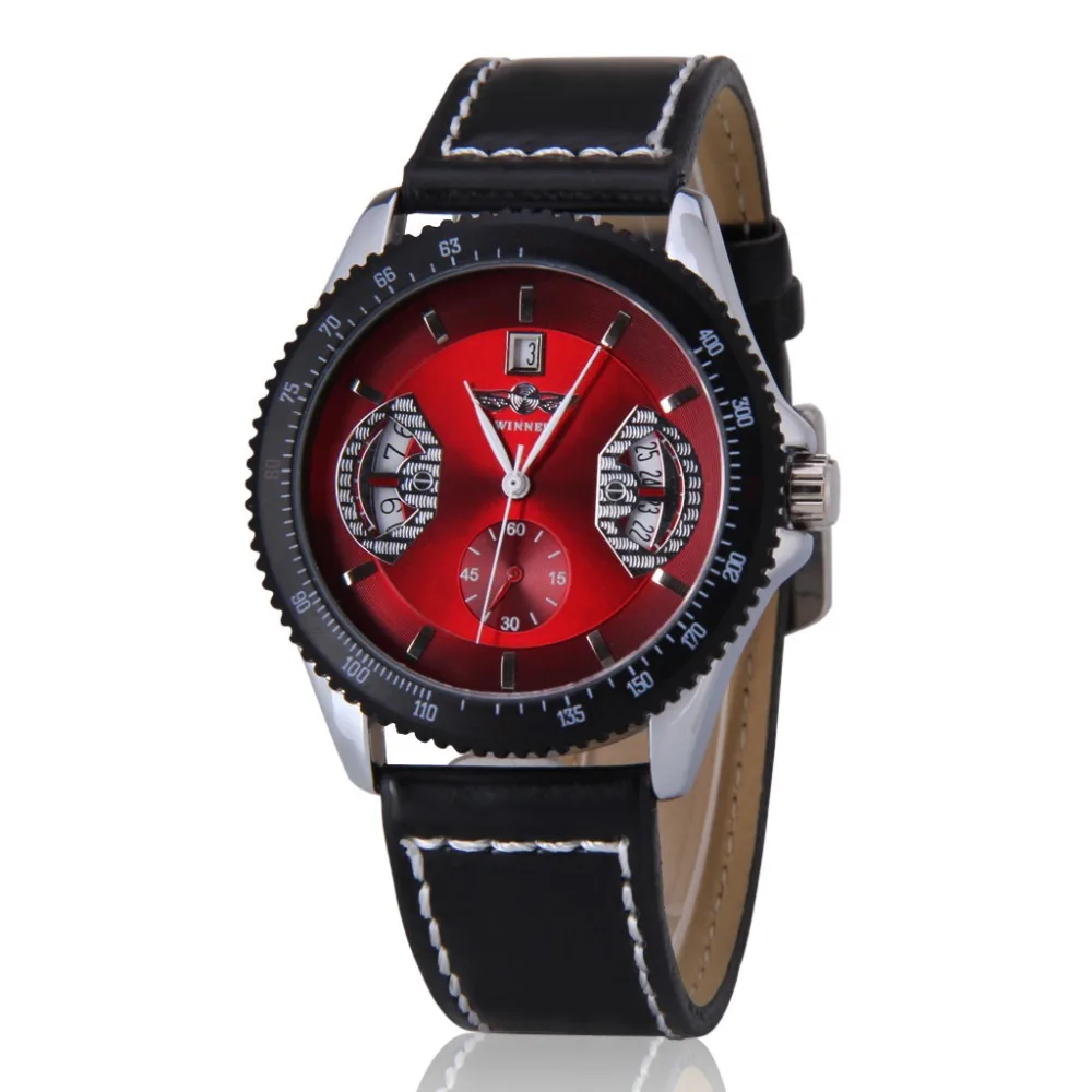 2015 New Luxury Fashion Winner Leather Band Stainless Steel Mechanical Wrist Watches For Men Mechanical Hand Wind WristWatch