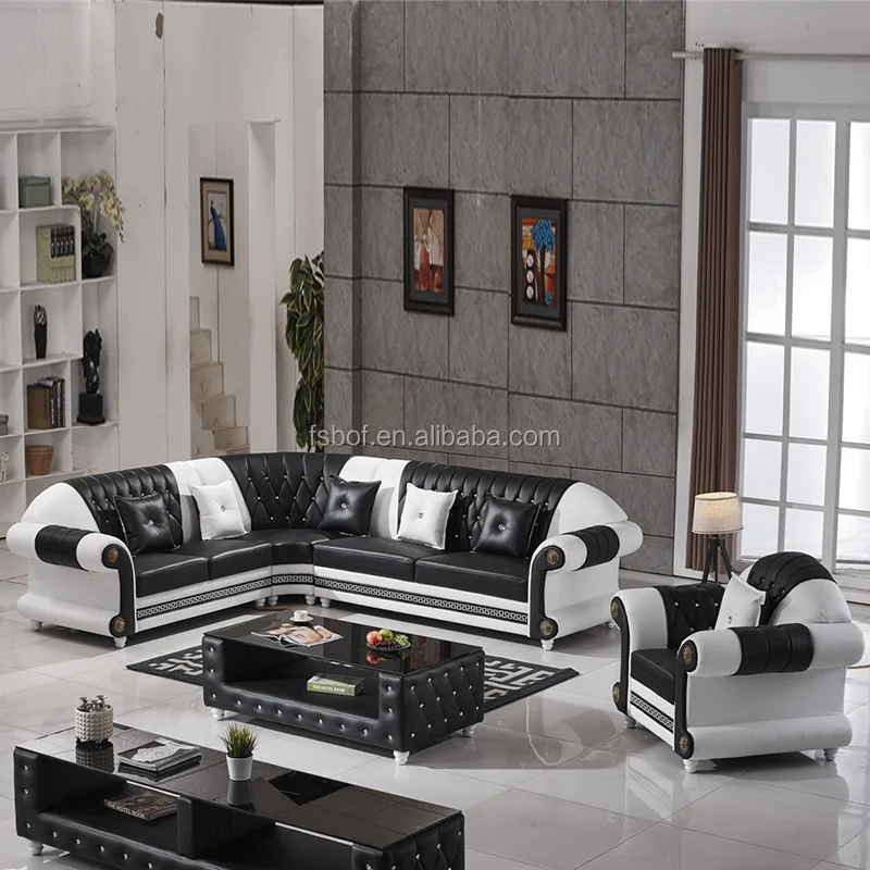 Wohnzimmer möbel im europäischen stil kristall tufted schwarzen ledersofa 808