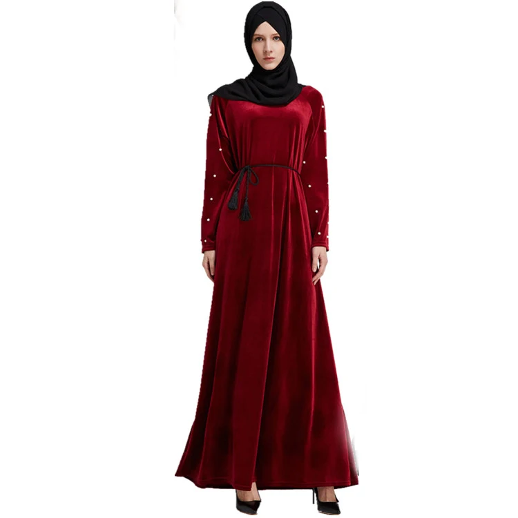 Fashionable beaded velvet with fringe belt Muslim gown, Floral 
Fashionable beaded velvet with fringe belt Muslim gown, Floral