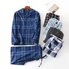Wholesale Mens Home Cotton Long Sleeve Plaid Pajama Set Men Modern Style Sleepwear