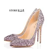 Fashion wedding bling bridesmaid party sexy women ladies ol purple glitter pointed toe stiletto pumps thin high heels shoes