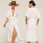 woman short sleeve linen cotton white long kimono dress with waist tie