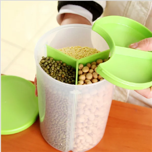 manufacturer creative plastic sealing food storage box/3 compartments dry cereal storage container with lid