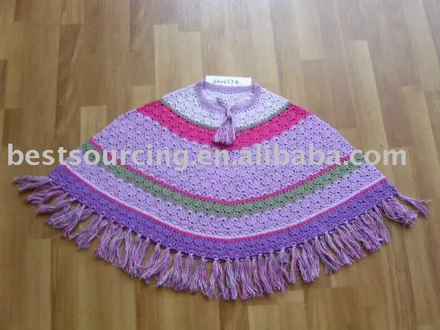 children autumn winter knitwear toddler girl's 100% cotton crochet kids stripe sweater poncho with self yarn fringe BS-416