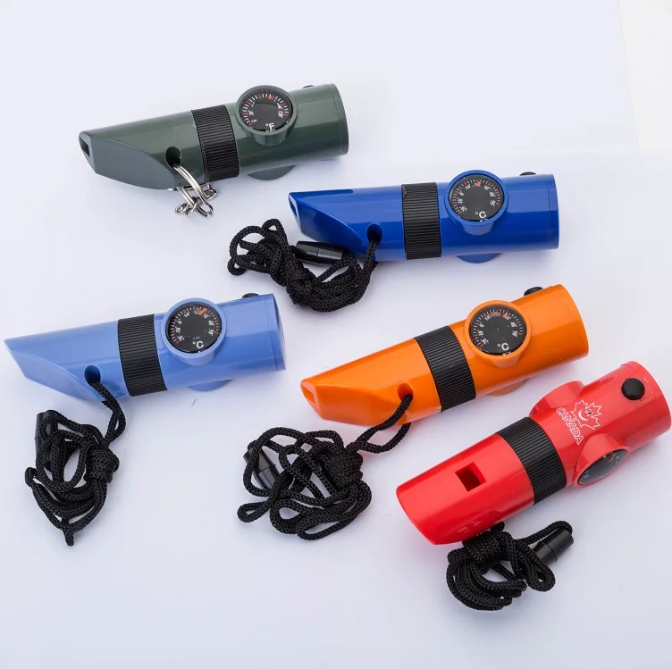 

7 in 1 small storage Multifunctional Whistle with compass thermometer magnifier mirror LED light, N/a
