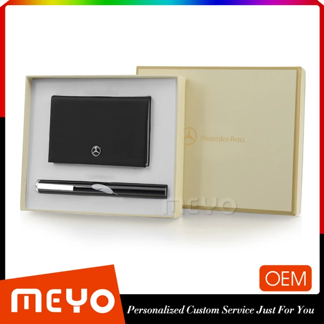 luxury metal ball point pen and leather credit card case holder