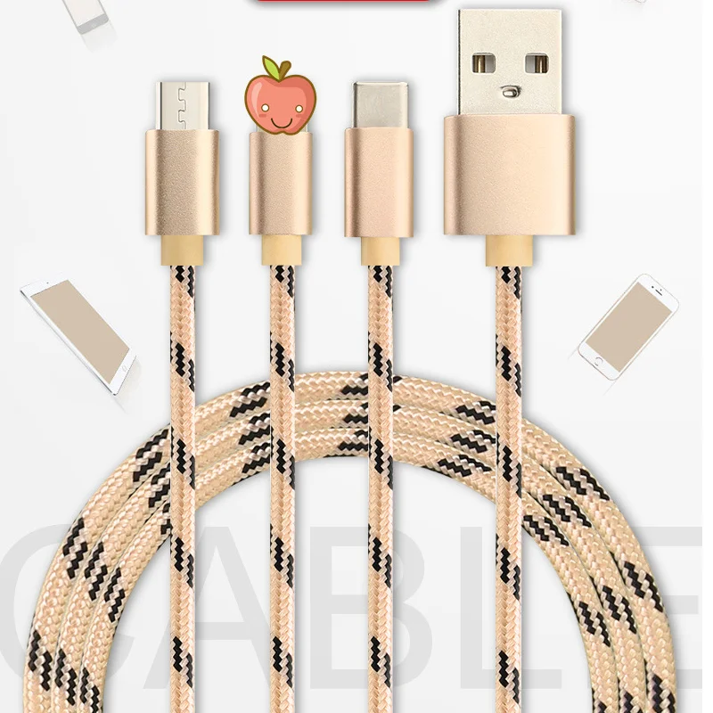 Golden SKY Colorful 3A Fast Charging Line Phone Charger USB Charging Nylon 1m Micro USB Type-C IOS Cable 3 in1 Data Line - ANKUX.COM
