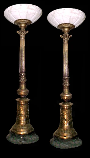 4714 Pair of Antique Bronze Torcheres with Alabaster Shades & Marble Base c.1890