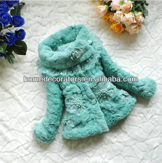 2014 Baby warm overcoat hot sale flower girls clothes gift good quality wool kids lace bow coats child Fur lace coat wholesale