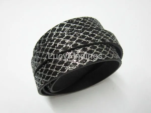 10x2mm Black Glitter Silver stripe Flat leather cord 10mm PU Leather Cord