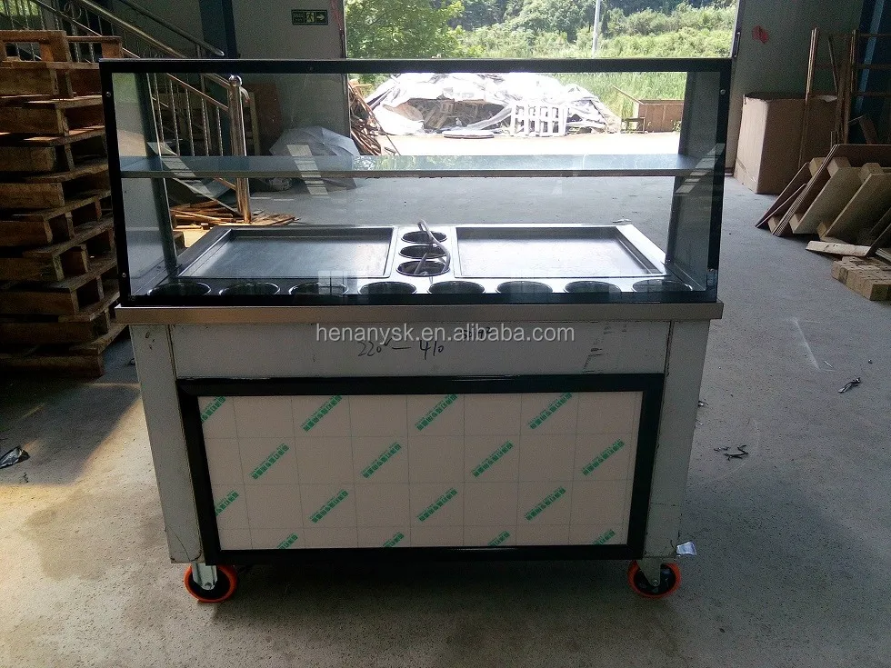 2 Pan 11 Tank Ice Cream Fryer Roller Machine With Glass and Shelves Shelvings