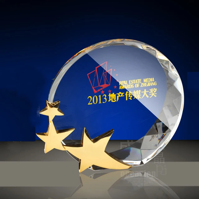 engraving round k9 crystal trophy with metal star for corporate