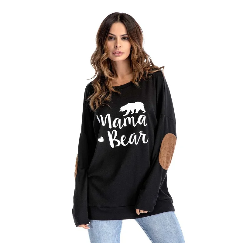 Wholesale Mama Bear Printed T Shirt Round Long Sleeve Patch Collage