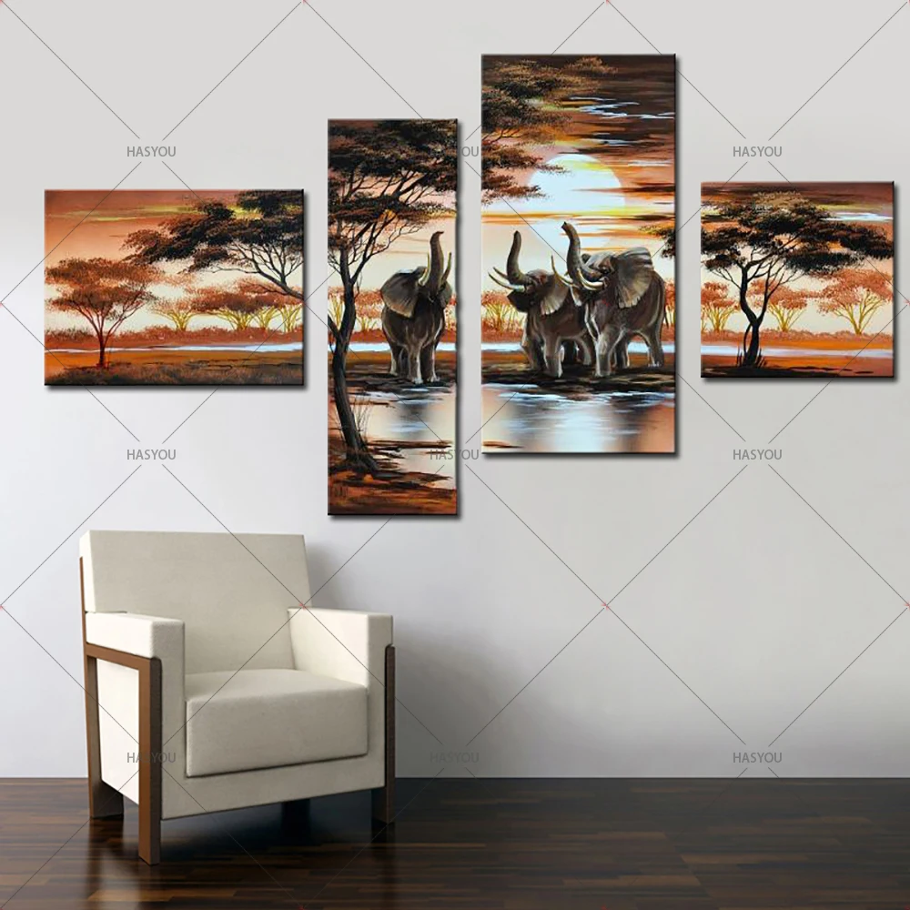 Elephant-Wall-Art-Oil-Painting-Pictures-African-Landscapes-Modern-Canvas-Painting-4-Panel-Wall-Decor-Pictures