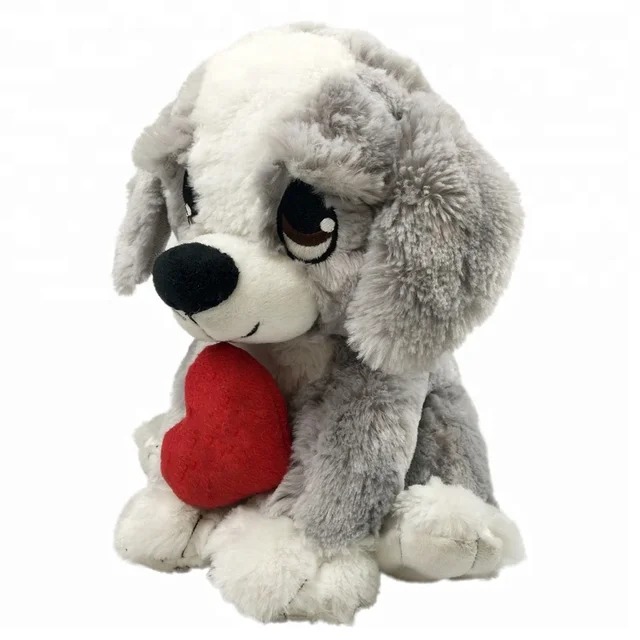 fluffy big embroidery eyes grey dog with little red heart large