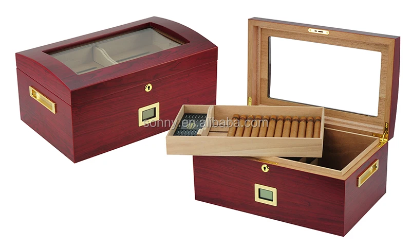 100 Cigars Glass Top Humidor with Tray and Gold Frame External Digital Hygrometer.