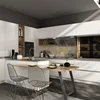 White lacquer wood kitchen furniture with peninsula table