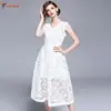 European and American womens clothes new casual summer party pleated elegant sleeveless zippered white lace v neck dress