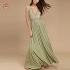 love sage green gauzy lace maxi dress V-neck adjustable spaghetti straps beach gown