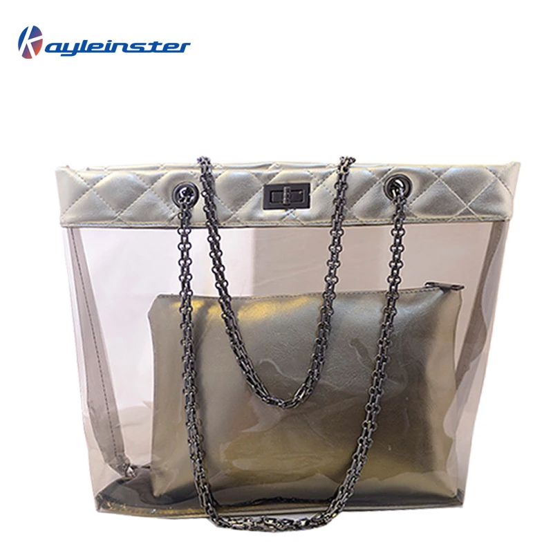 New 2015 Summer PVC Women Handbag Transparent Beach Shoulder Bag PU Panelled Composite Bag Jelly Bag Chain Fashion Women Handbag