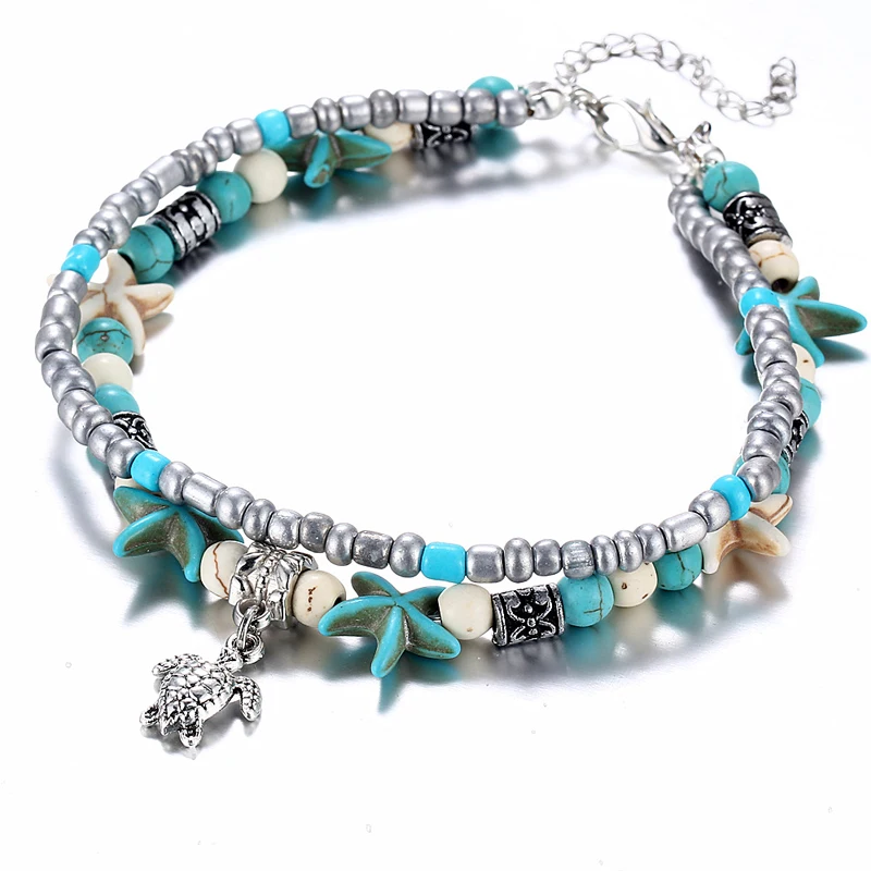 

10 Styles Multiple Layered Beach Turquoise Stone Foot Jewelry Starfish Turtle Anklets, Picture