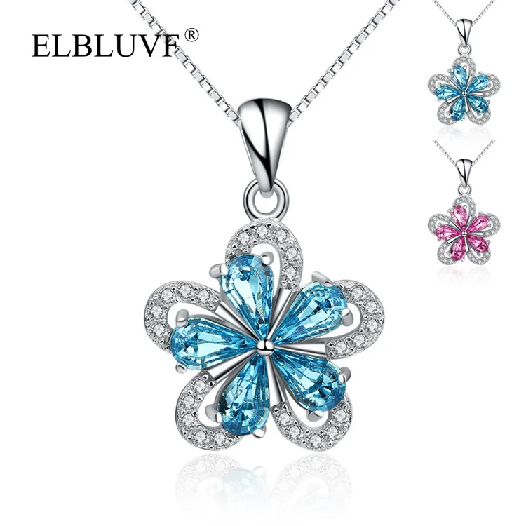 

ELBLUVF 925 Sterling Silver Fashion Womens Zircon The Plum Blossom Flower Sharped Necklace Pendant for Gift, Blue / pink