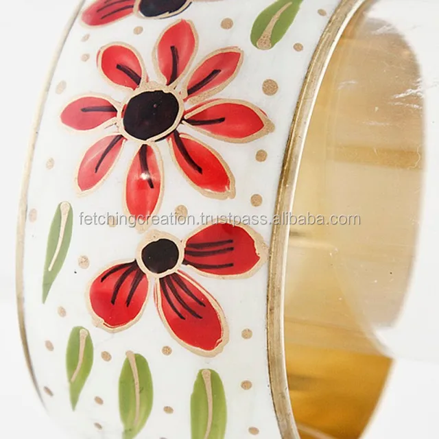 white background printed red flower handmade enamel bangle