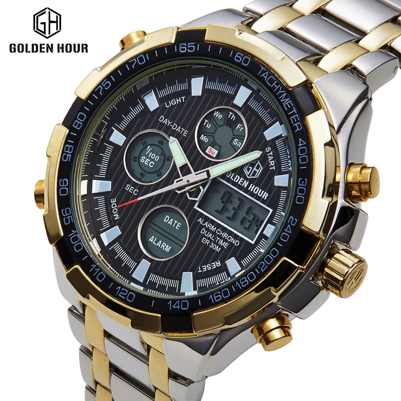 

Original Famous Brand Golden Hour Luxury Stainless Steel Men Business Digital Quartz Clock Waterproof Sports Chronograph Watch