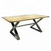 Best quality Europe polished metal recycled elm wood top dining table stainless steel cross leg