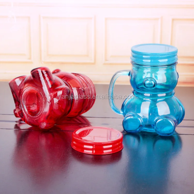 400ml bear shaped glass mason jar with handle for juice beverage with metal lid