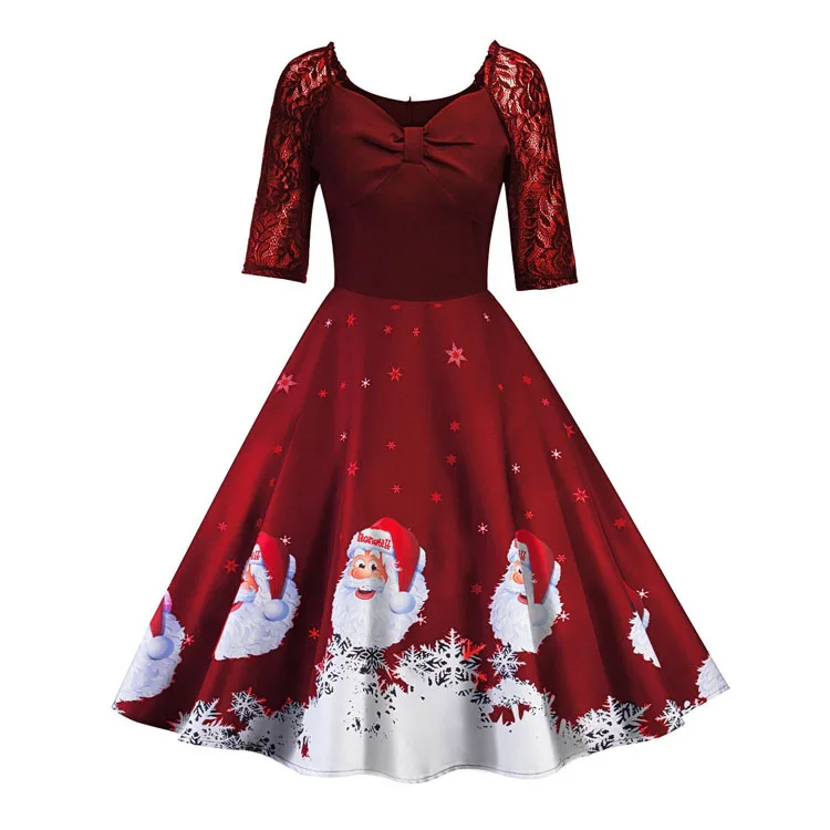 New year 2019 christmas printed lace long sleeve fashion dress women, Black;red;purple;blue
New year 2019 christmas printed lace long sleeve fashion dress women, Black;red;purple;blue